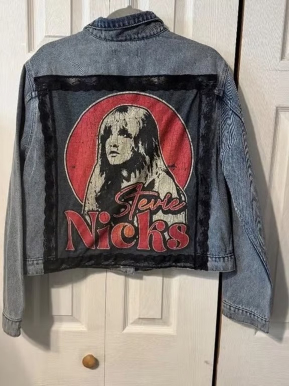 Stevie Nicks Upcycled Graphic T-Shirt & Jean Jacket - Leather & Lace Embellished